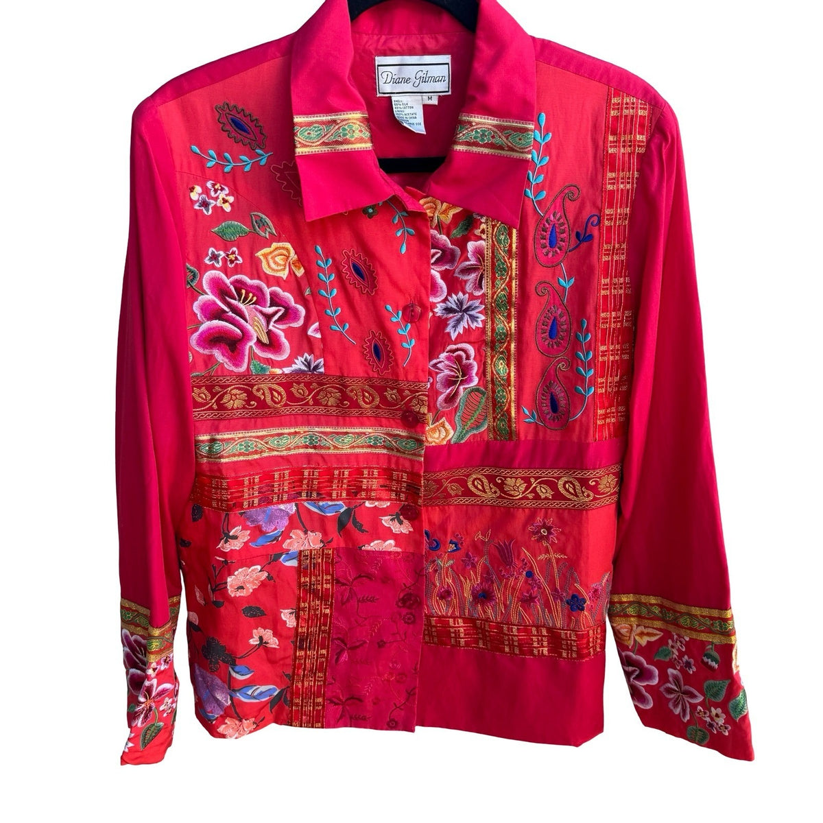 Diane Gilman Silk Blend Boho Embroidered Patchwork Jacket Red Floral Paisley M
