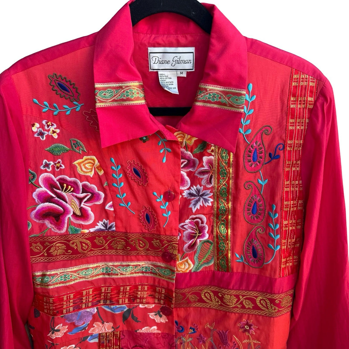 Diane Gilman Silk Blend Boho Embroidered Patchwork Jacket Red Floral Paisley M