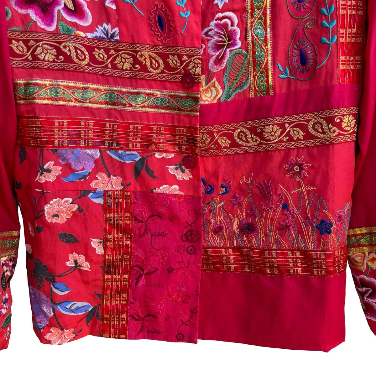 Diane Gilman Silk Blend Boho Embroidered Patchwork Jacket Red Floral Paisley M