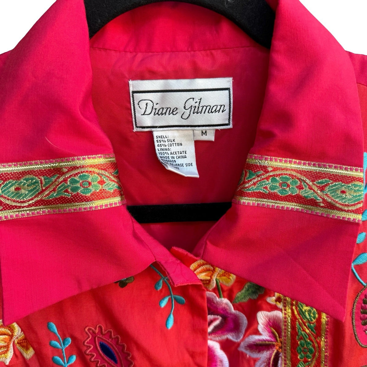 Diane Gilman Silk Blend Boho Embroidered Patchwork Jacket Red Floral Paisley M