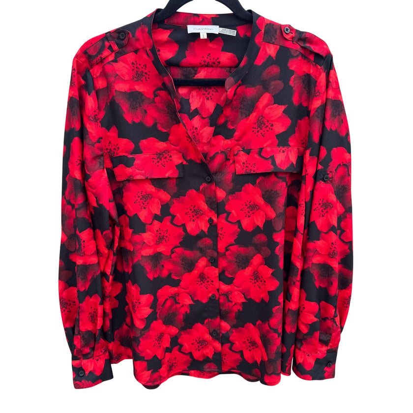 Calvin Klein Womens L Red Black Floral Button-Up Flowy Blouse Roll Tab Sleeves