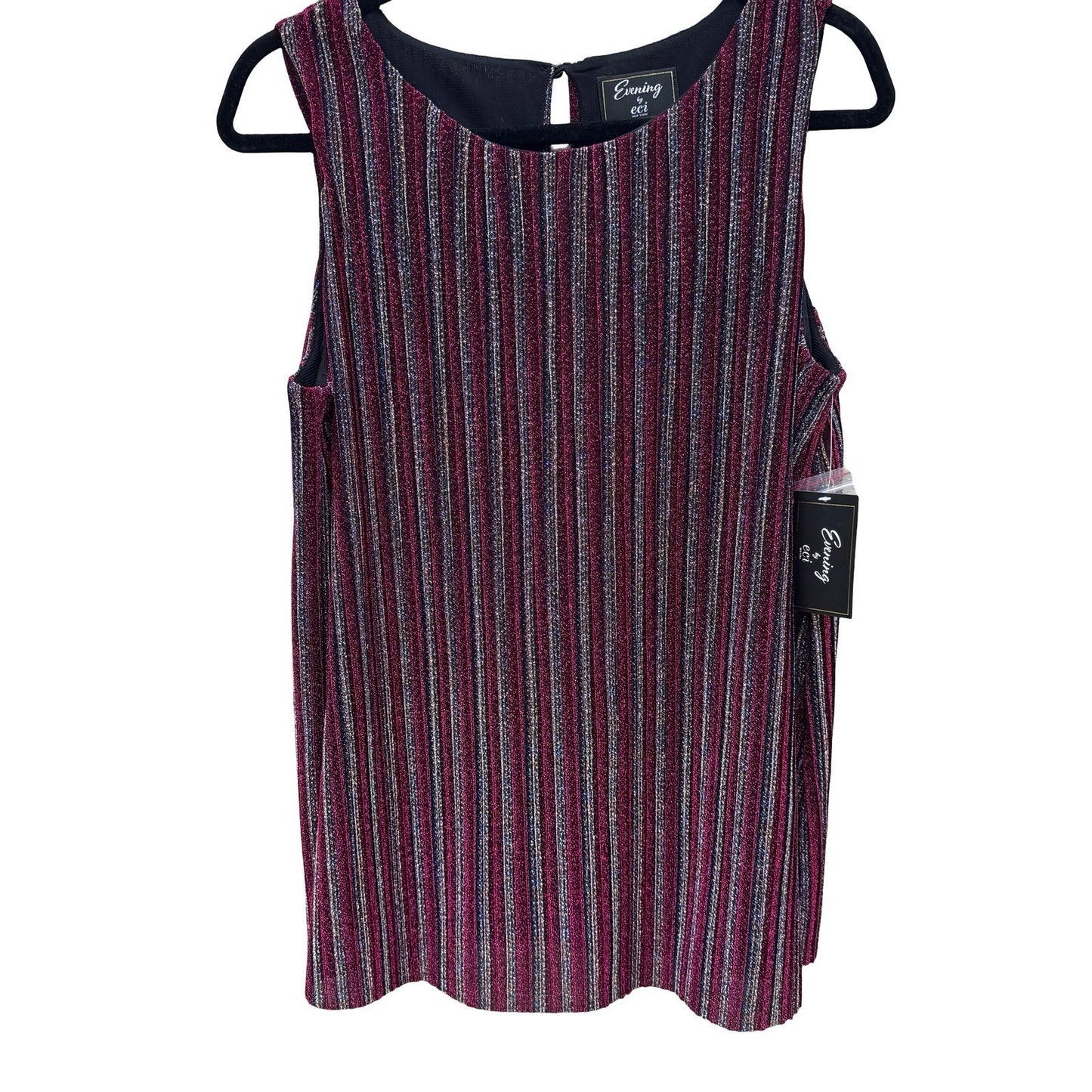 Evening by ECI Womens Large Magenta Metallic Striped Pleated Sleeveless Top NWT