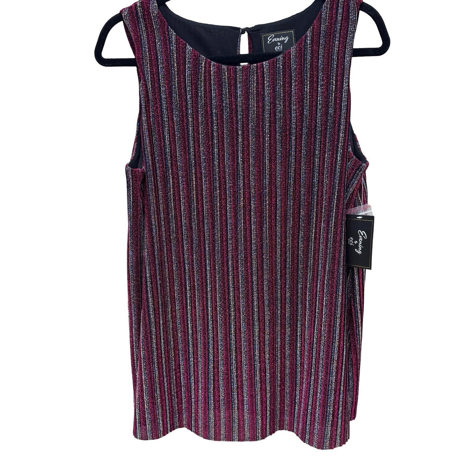 Evening by ECI Womens Large Magenta Metallic Striped Pleated Sleeveless Top NWT