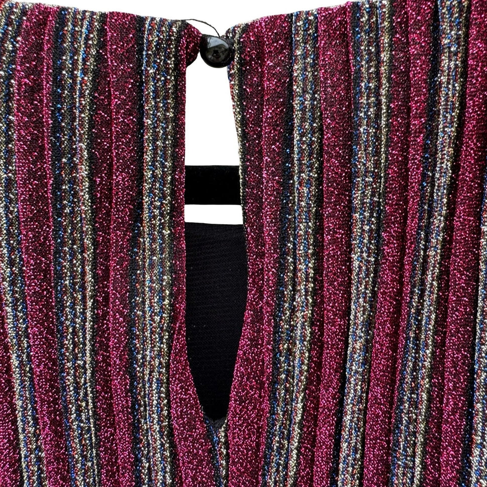 Evening by ECI Womens Large Magenta Metallic Striped Pleated Sleeveless Top NWT