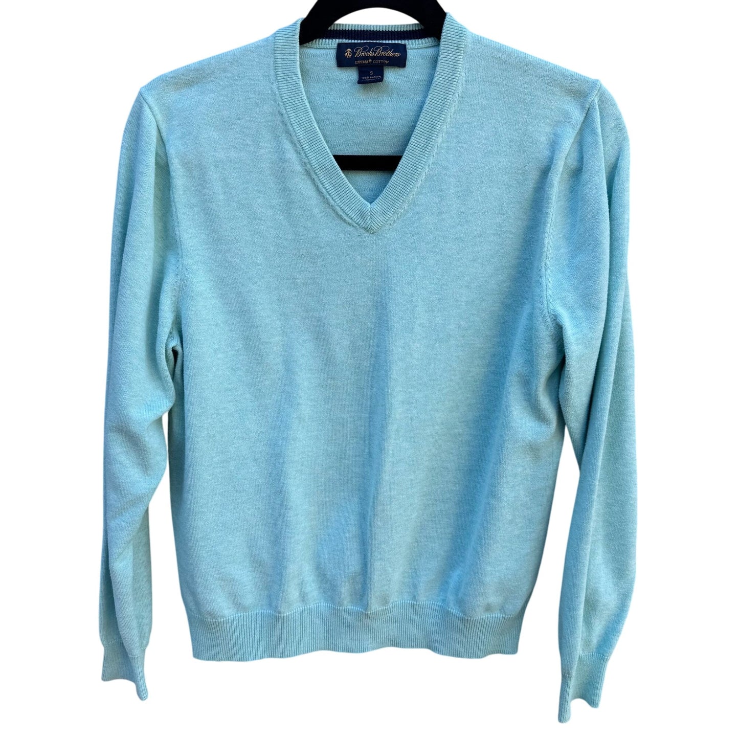 Brooks Brothers Mens Light Blue V-Neck Sweater S Supima Cotton Long Sleeve Ribbed Hem