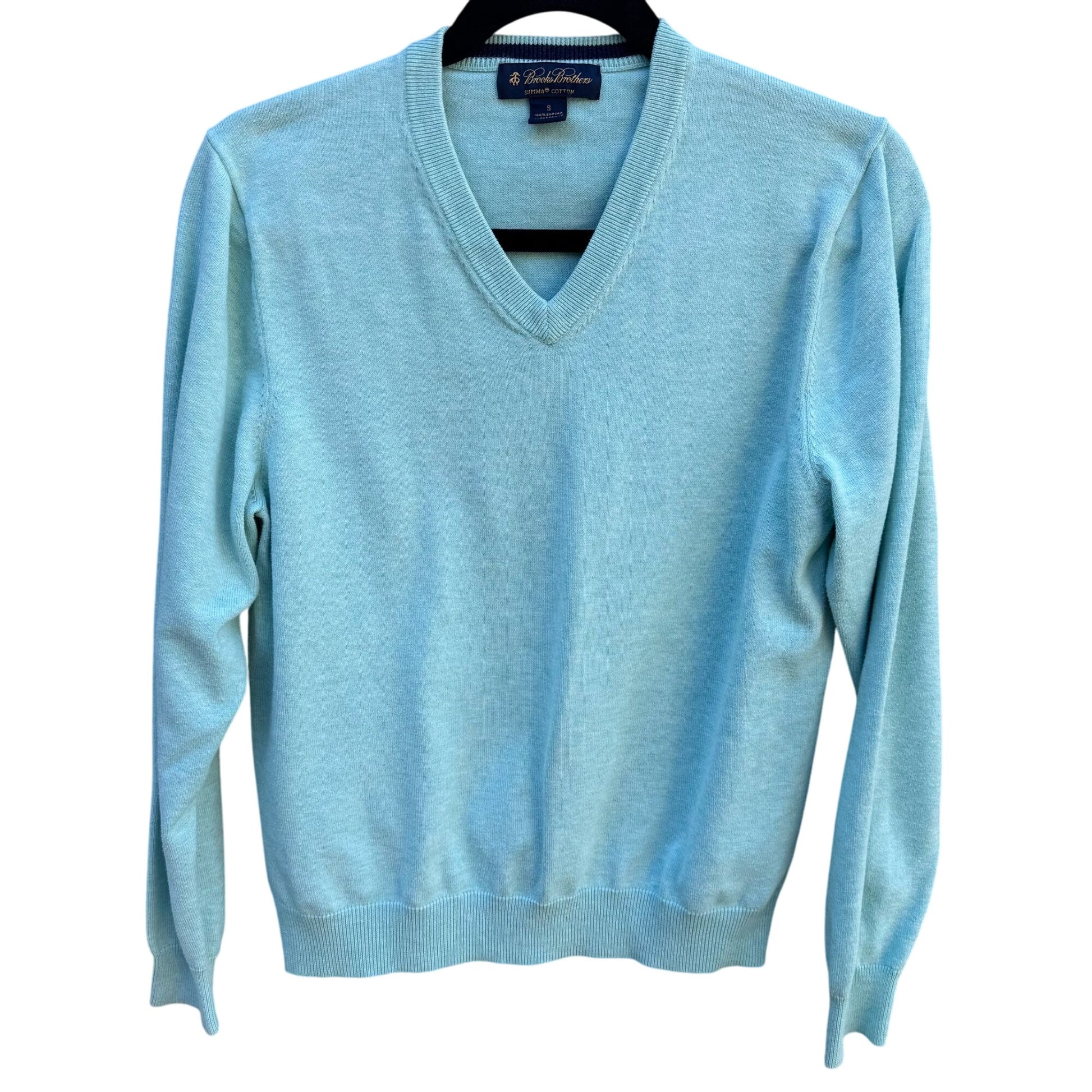 Brooks Brothers Mens Light Blue V-Neck Sweater S Supima Cotton Long Sleeve Ribbed Hem