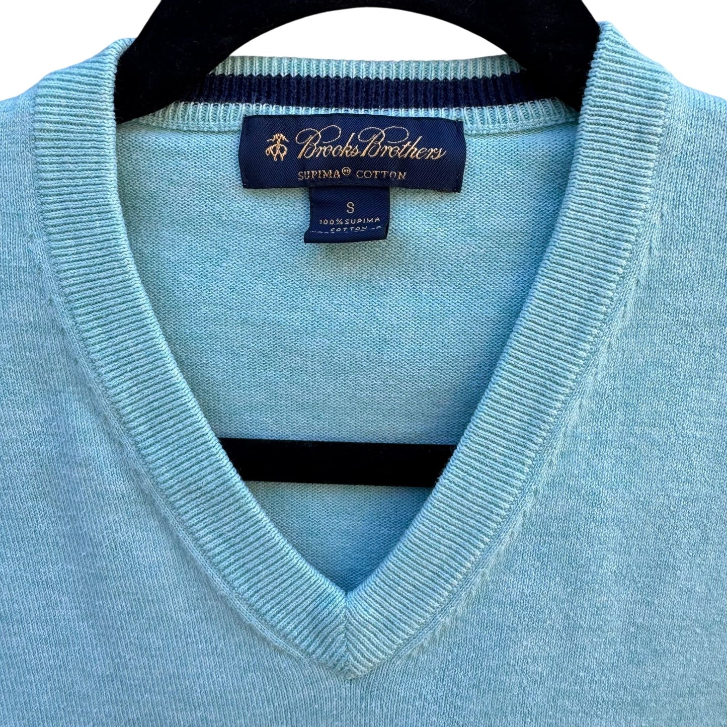 Brooks Brothers Mens Light Blue V-Neck Sweater S Supima Cotton Long Sleeve Ribbed Hem