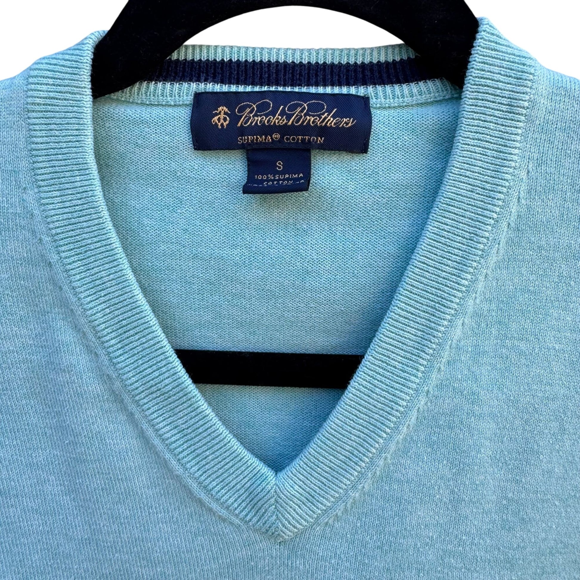 Brooks Brothers Mens Light Blue V-Neck Sweater S Supima Cotton Long Sleeve Ribbed Hem