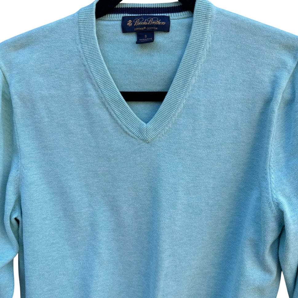 Brooks Brothers Mens Light Blue V-Neck Sweater S Supima Cotton Long Sleeve Ribbed Hem