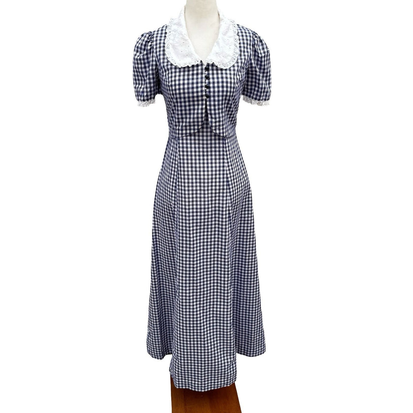 Phase ll California Vintage 70s Gingham Maxi Dress Set Eyelet Lace Navy White XS