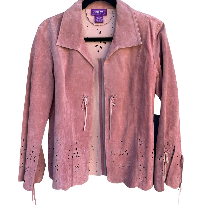 Suzanne Somers Pink Suede Leather Jacket Laser Cut Eyelet Boho Rose Womens Med