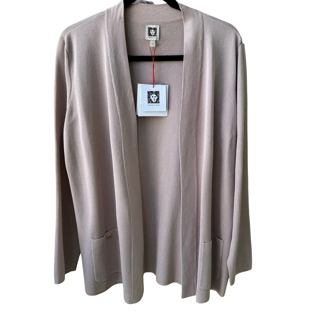 Anne Klein Minimalist Layering Open Front Ribbed Knit Cardigan Pastel Pink L NEW