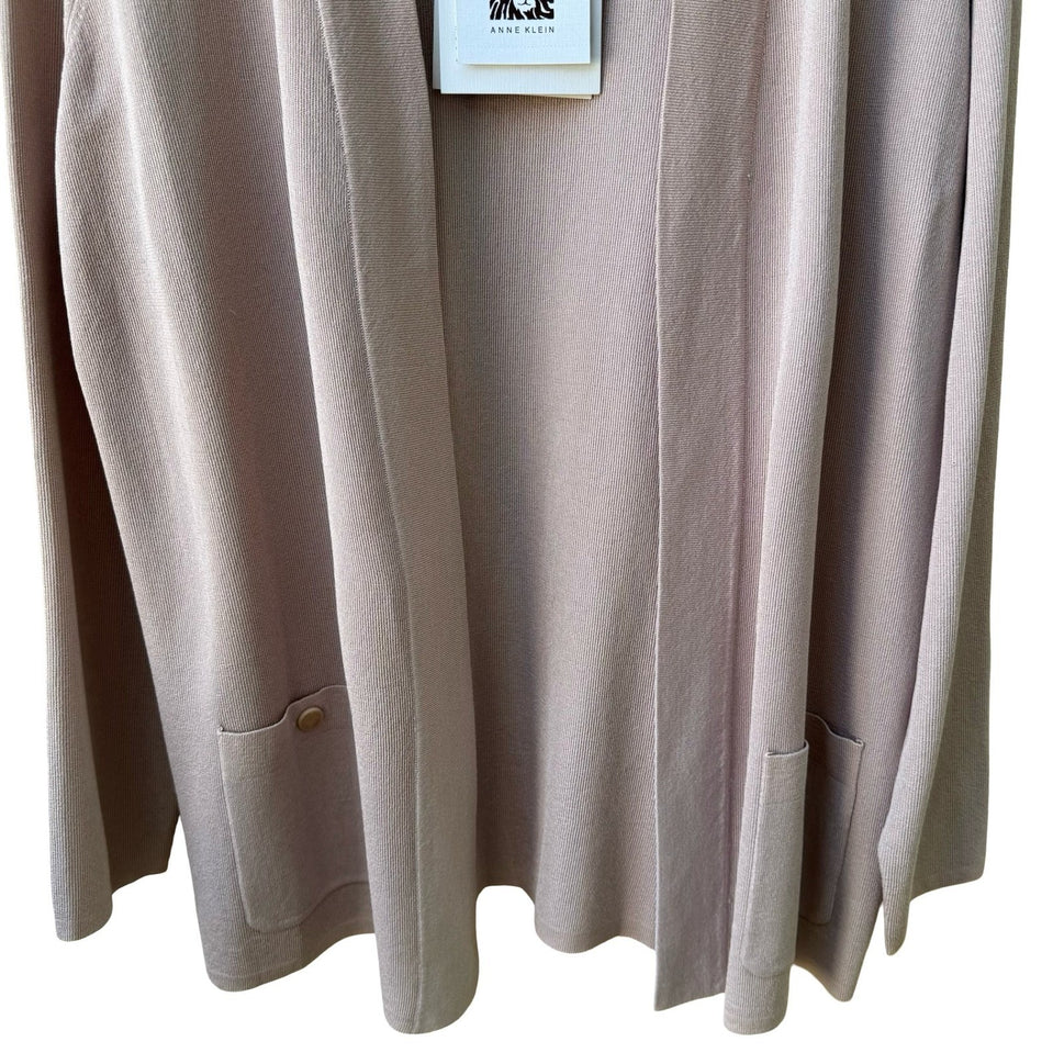 Anne Klein Minimalist Layering Open Front Ribbed Knit Cardigan Pastel Pink L NEW