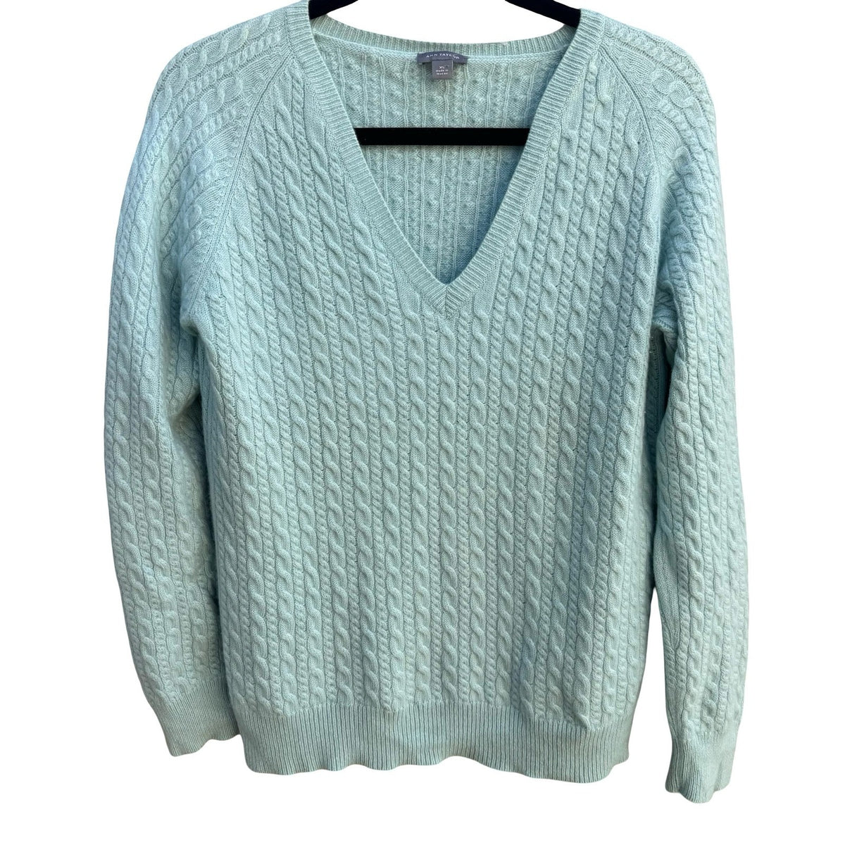 Ann Taylor Cashmere Old Money Cable Knit Preppy Coastal Sweater Pastel Blue XL