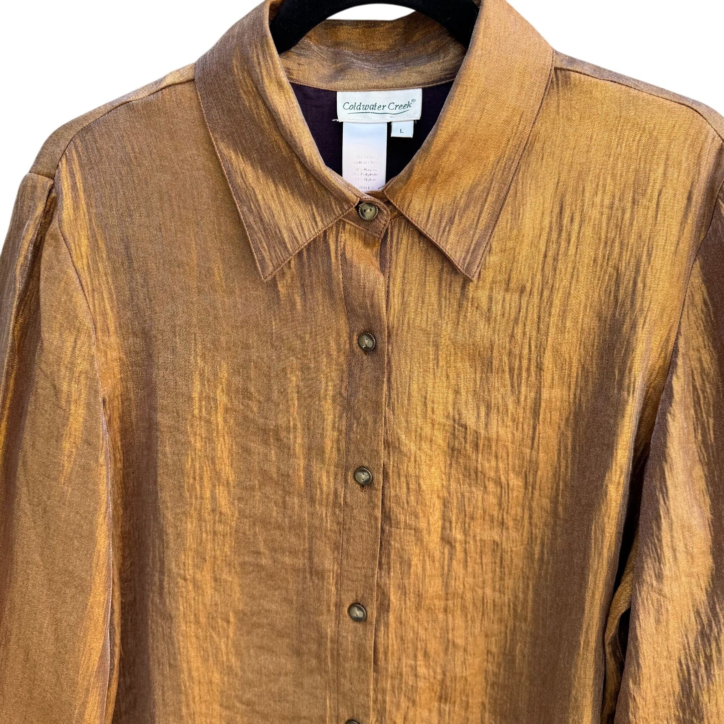 Coldwater Creek Womens Shimmering Bronze Glam Button-Up Party Blouse Shirt L