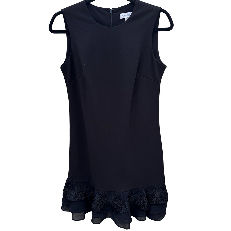 Calvin Klein Womens Black Sleeveless Lace Trim Ruffle Hem Shift Dress 4P Petite