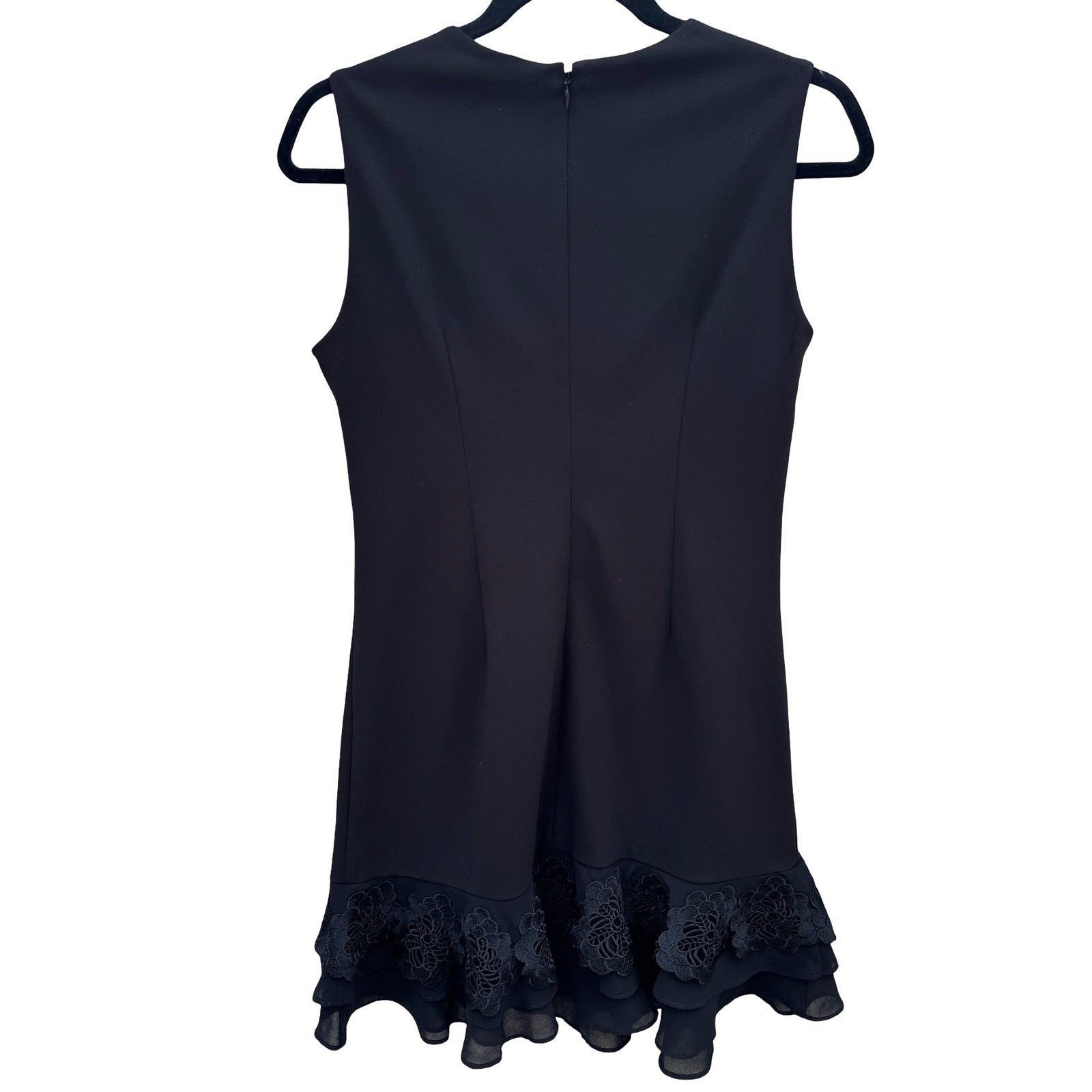 Calvin Klein Womens Black Sleeveless Lace Trim Ruffle Hem Shift Dress 4P Petite