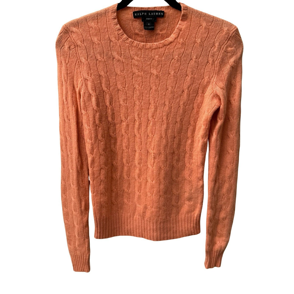 Ralph Lauren Cashmere Preppy Old Money Cozy Cable Knit Slim Fit Sweater Orange M