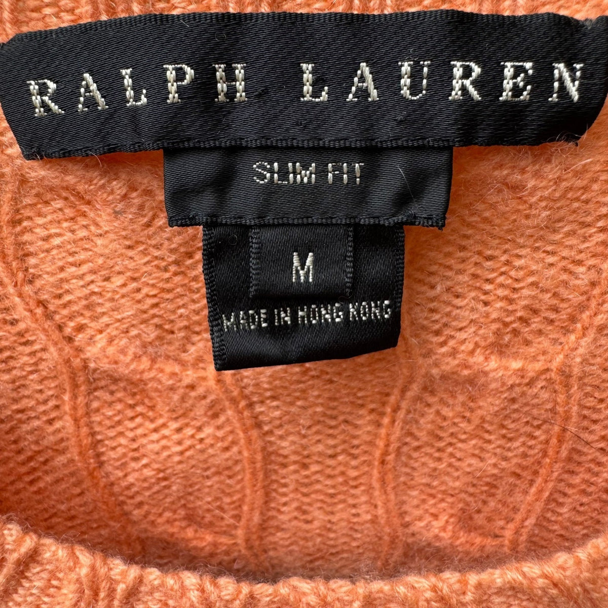 Ralph Lauren Cashmere Preppy Old Money Cozy Cable Knit Slim Fit Sweater Orange M