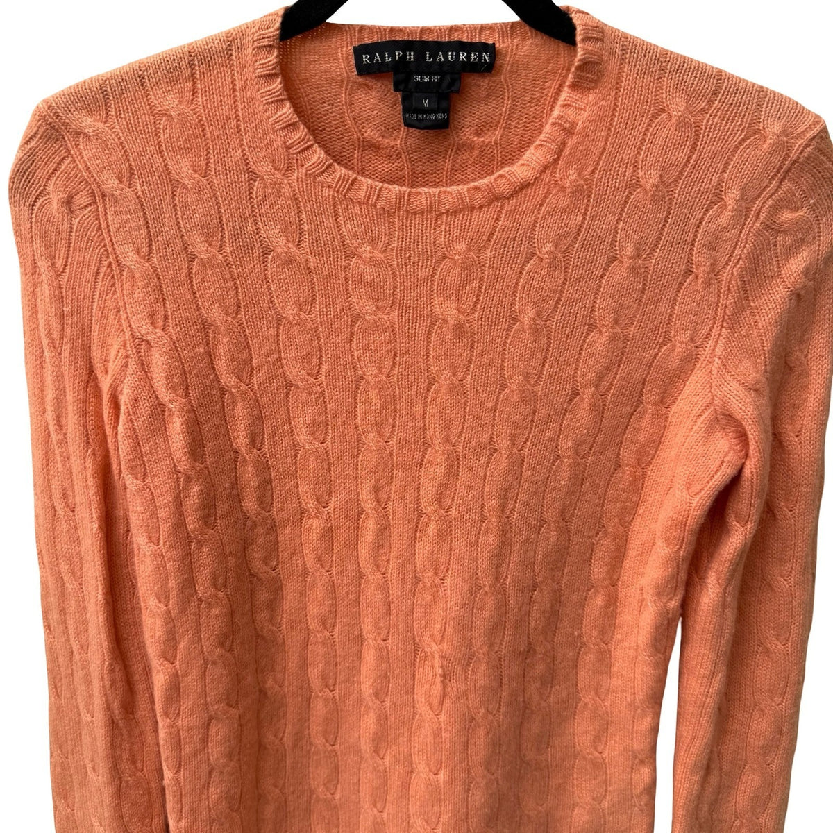 Ralph Lauren Cashmere Preppy Old Money Cozy Cable Knit Slim Fit Sweater Orange M