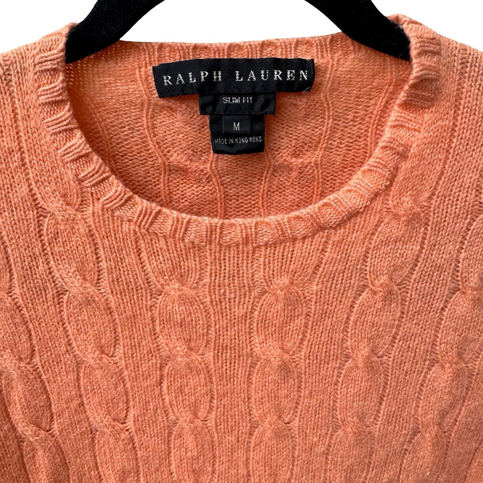 Ralph Lauren Cashmere Preppy Old Money Cozy Cable Knit Slim Fit Sweater Orange M