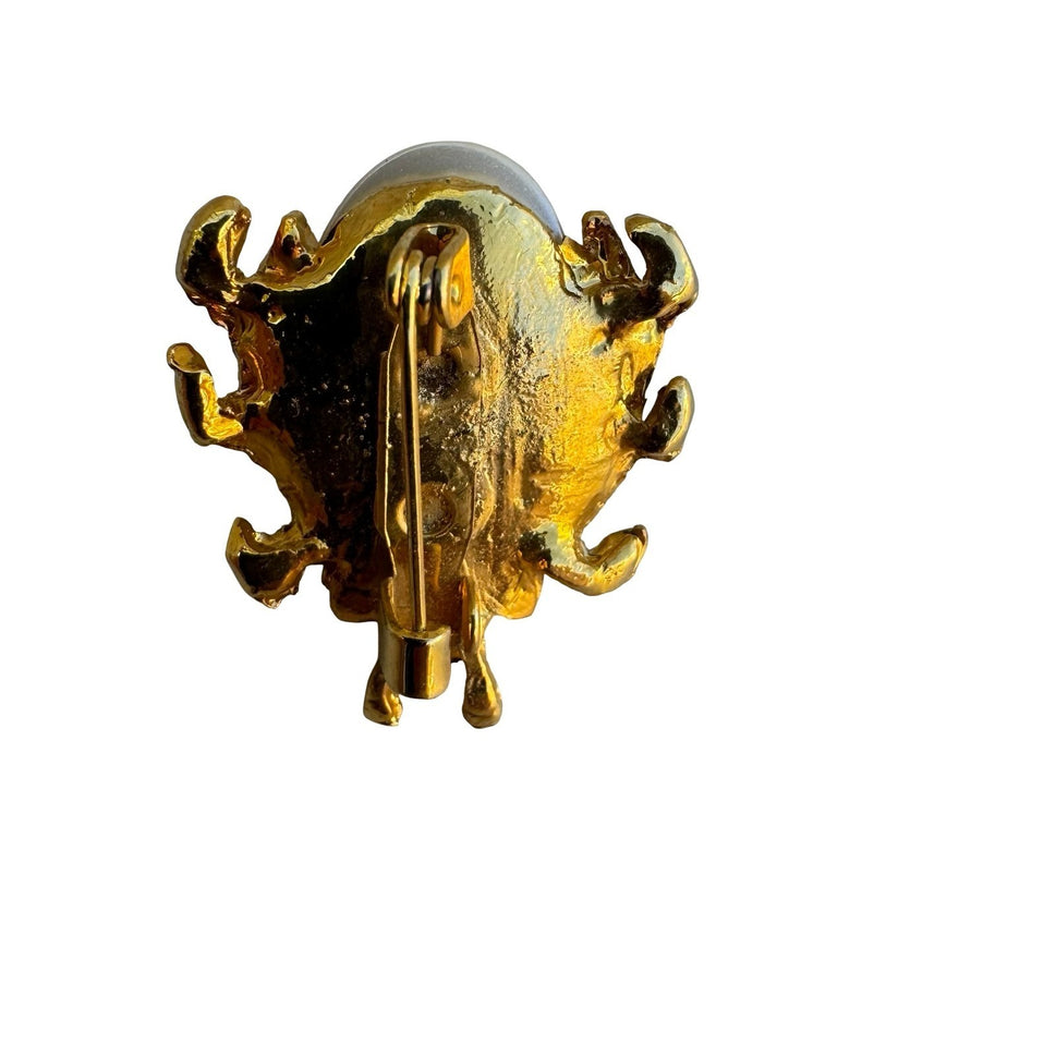 Vintage Gold Tone Faux Pearl Rhinestone Beetle Bug Scarab Brooch Pin Statement