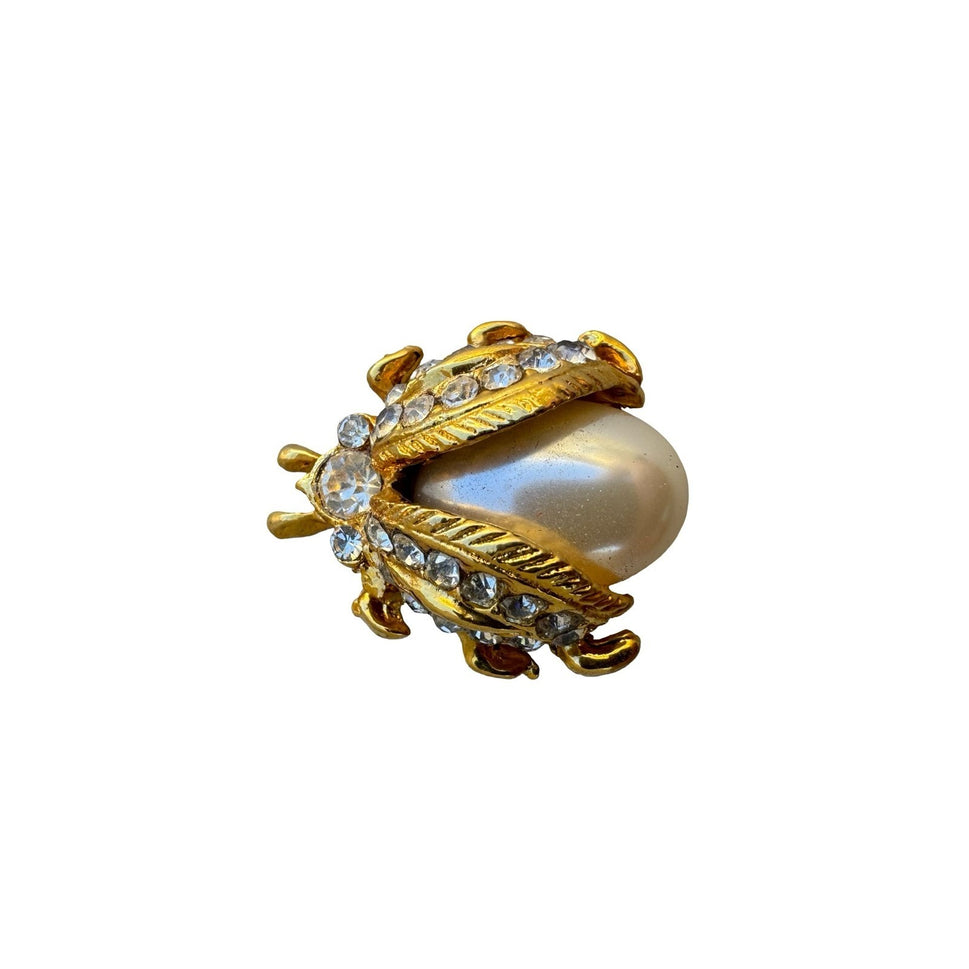 Vintage Gold Tone Faux Pearl Rhinestone Beetle Bug Scarab Brooch Pin Statement