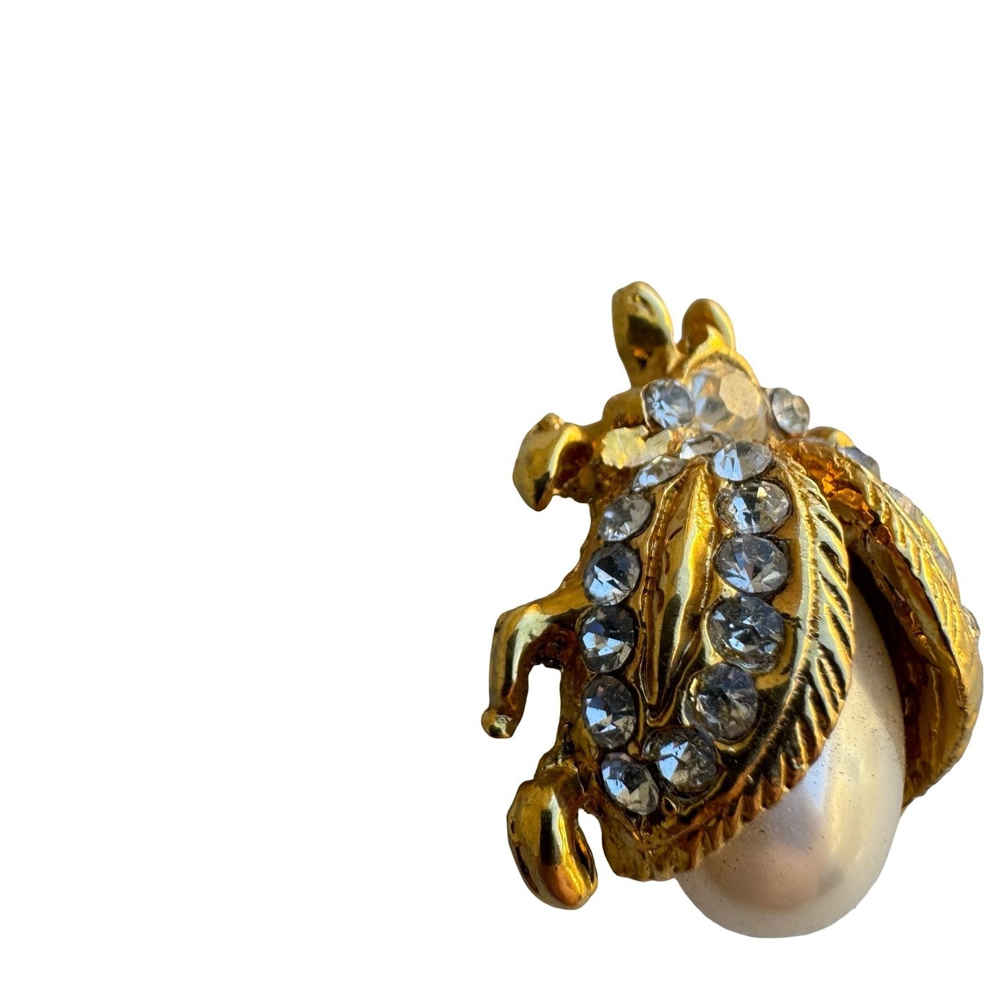Vintage Gold Tone Faux Pearl Rhinestone Beetle Bug Scarab Brooch Pin Statement
