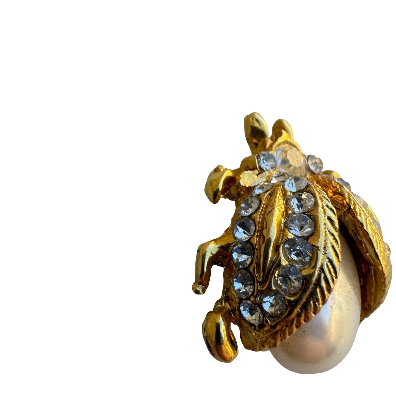 Vintage Gold Tone Faux Pearl Rhinestone Beetle Bug Scarab Brooch Pin Statement