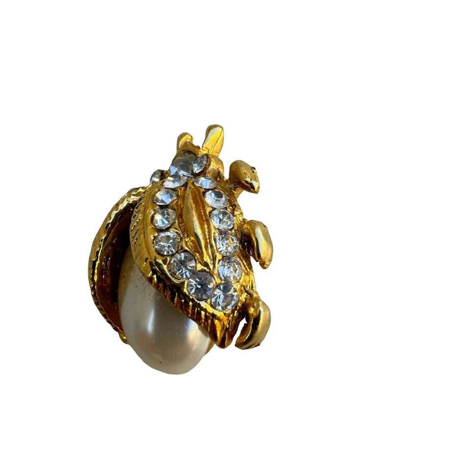 Vintage Gold Tone Faux Pearl Rhinestone Beetle Bug Scarab Brooch Pin Statement