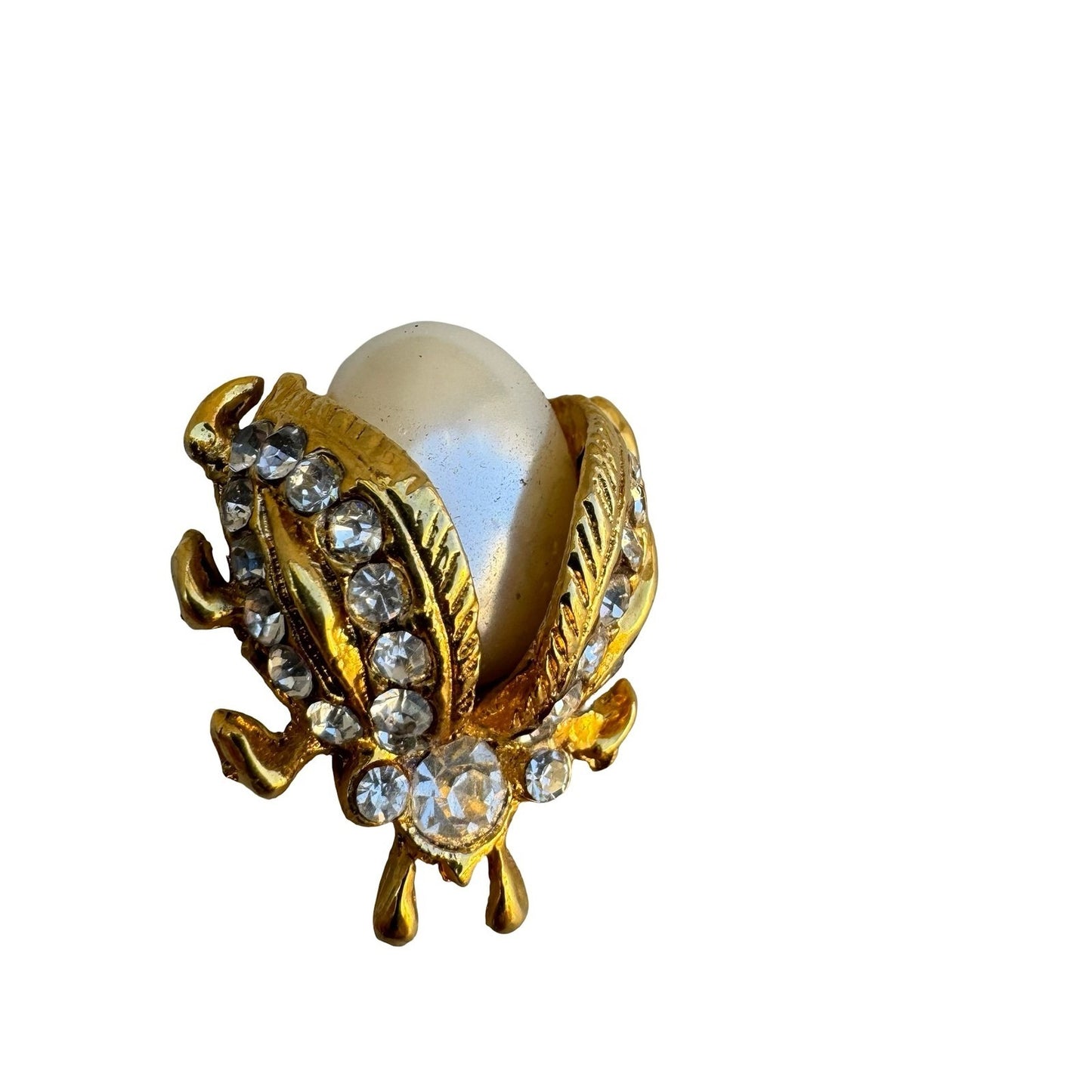 Vintage Gold Tone Faux Pearl Rhinestone Beetle Bug Scarab Brooch Pin Statement