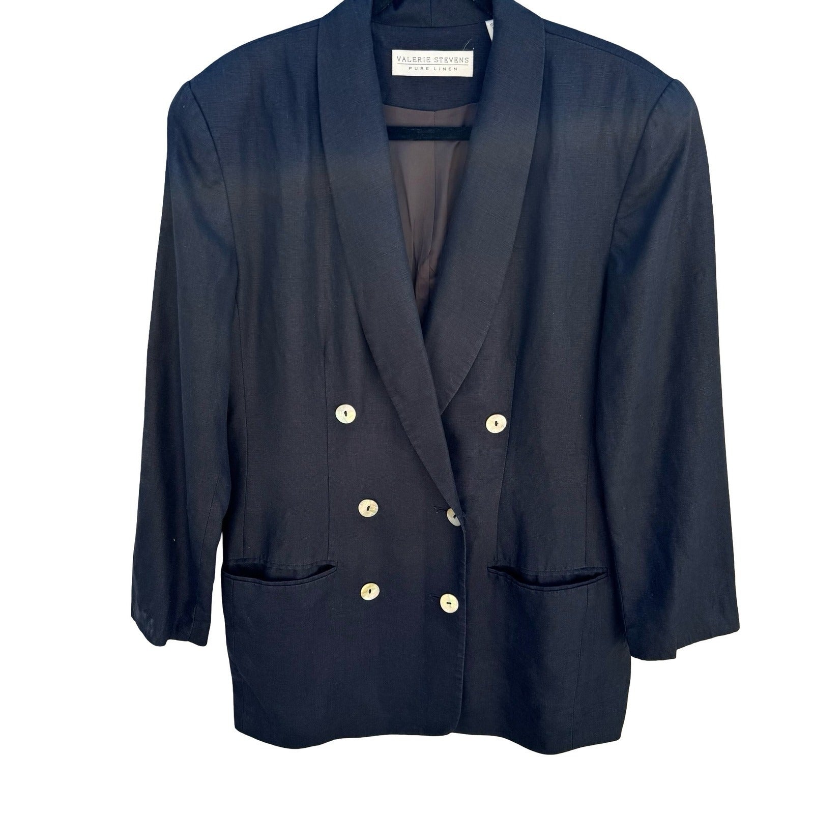 Valerie Stevens Vintage Navy 100% Pure Linen Double Breasted Blazer Jacket Sz 10