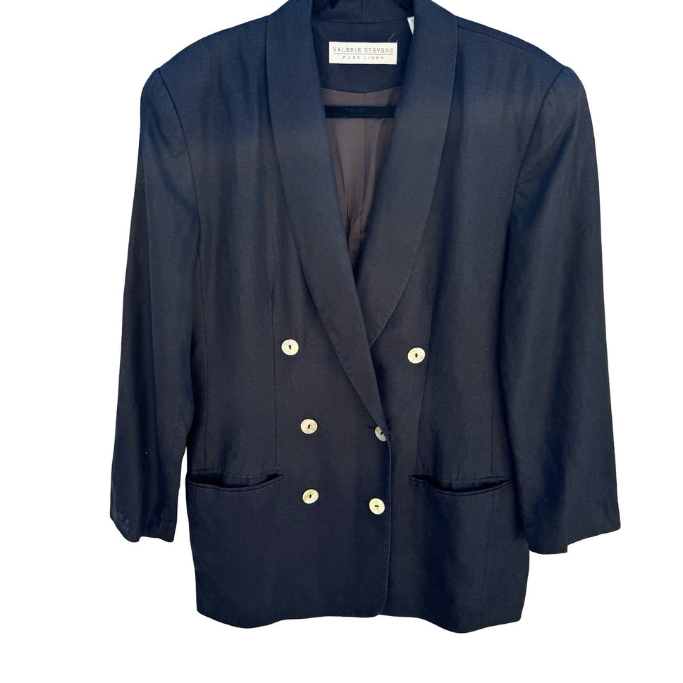 Valerie Stevens Vintage Navy 100% Pure Linen Double Breasted Blazer Jacket Sz 10