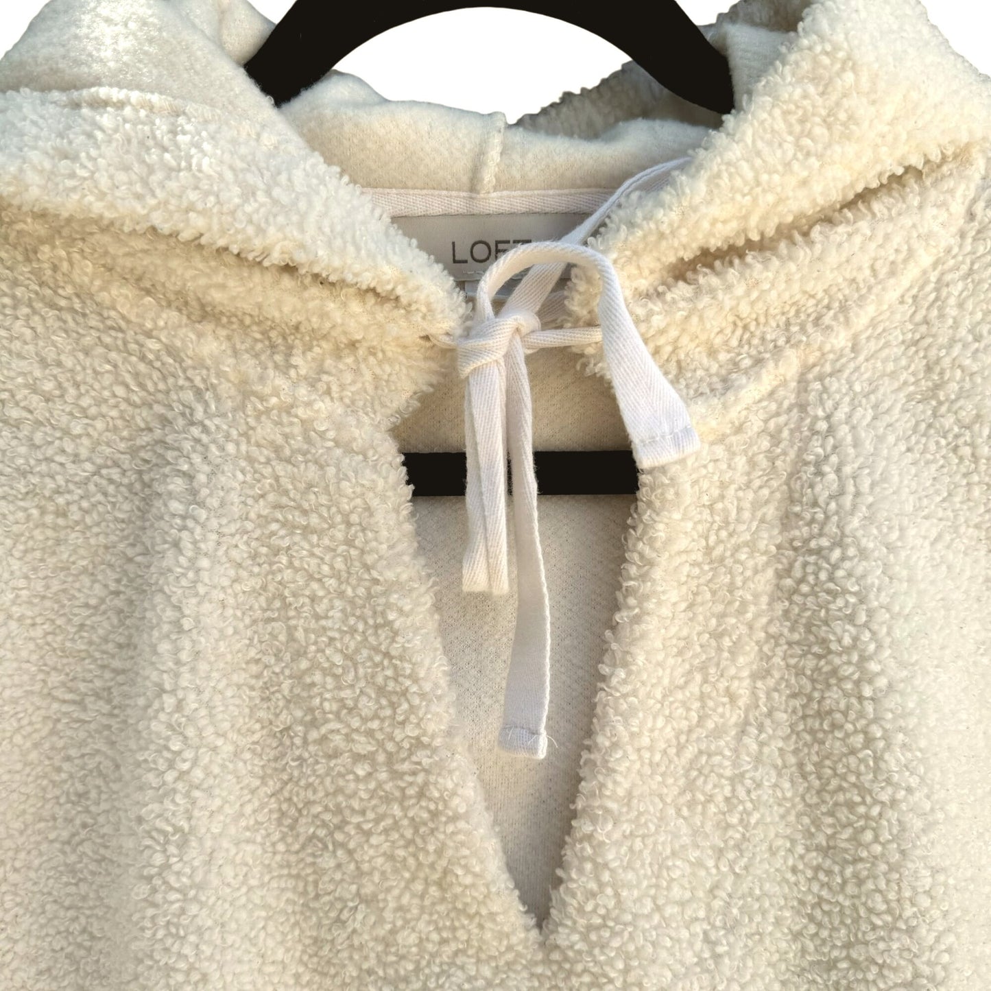 LOFT Women's Tie Neck Cream Sherpa Hooded Long Sleeve Pullover Fleece - Large