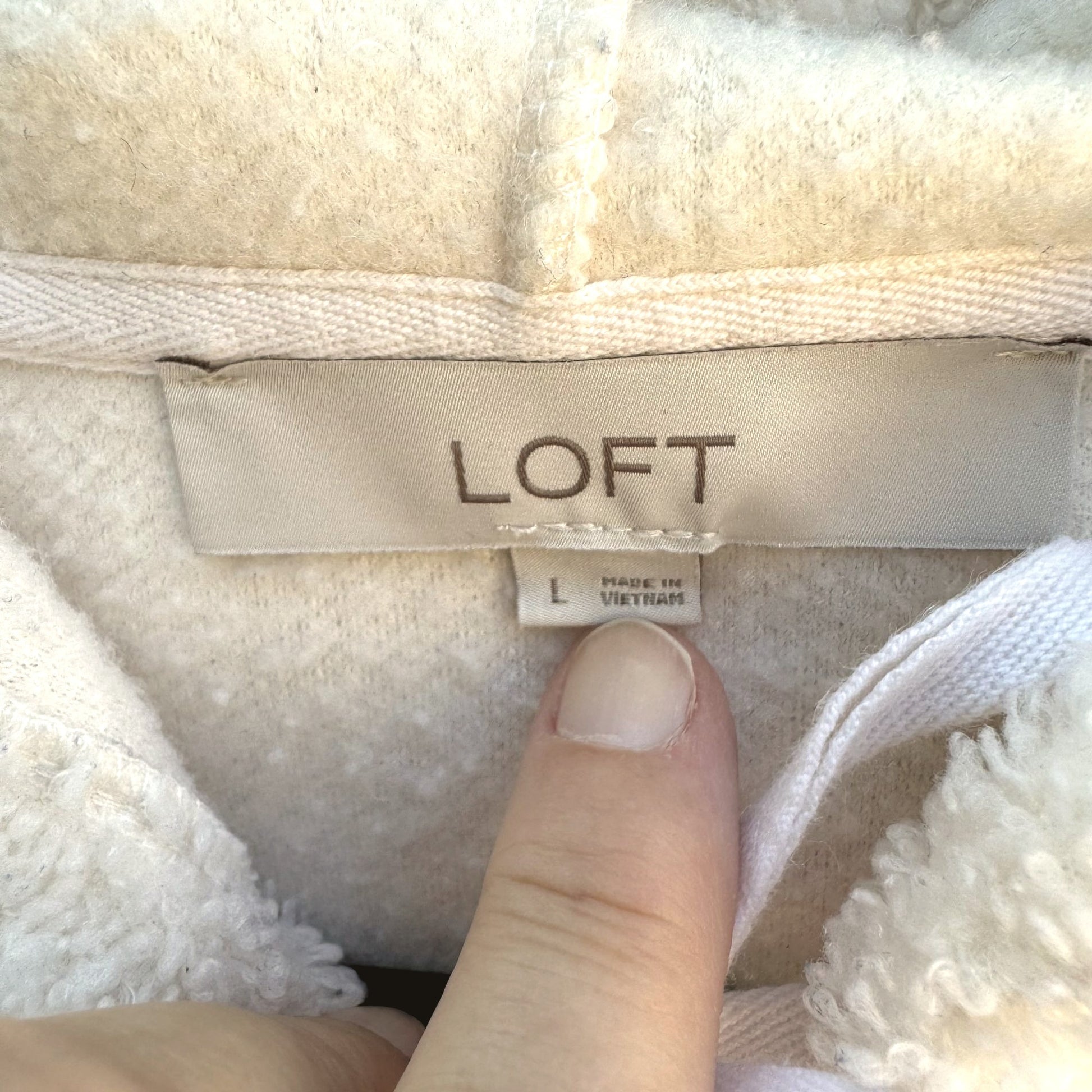 LOFT Women's Tie Neck Cream Sherpa Hooded Long Sleeve Pullover Fleece - Large