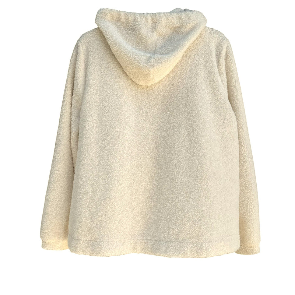 LOFT Women's Tie Neck Cream Sherpa Hooded Long Sleeve Pullover Fleece - Large