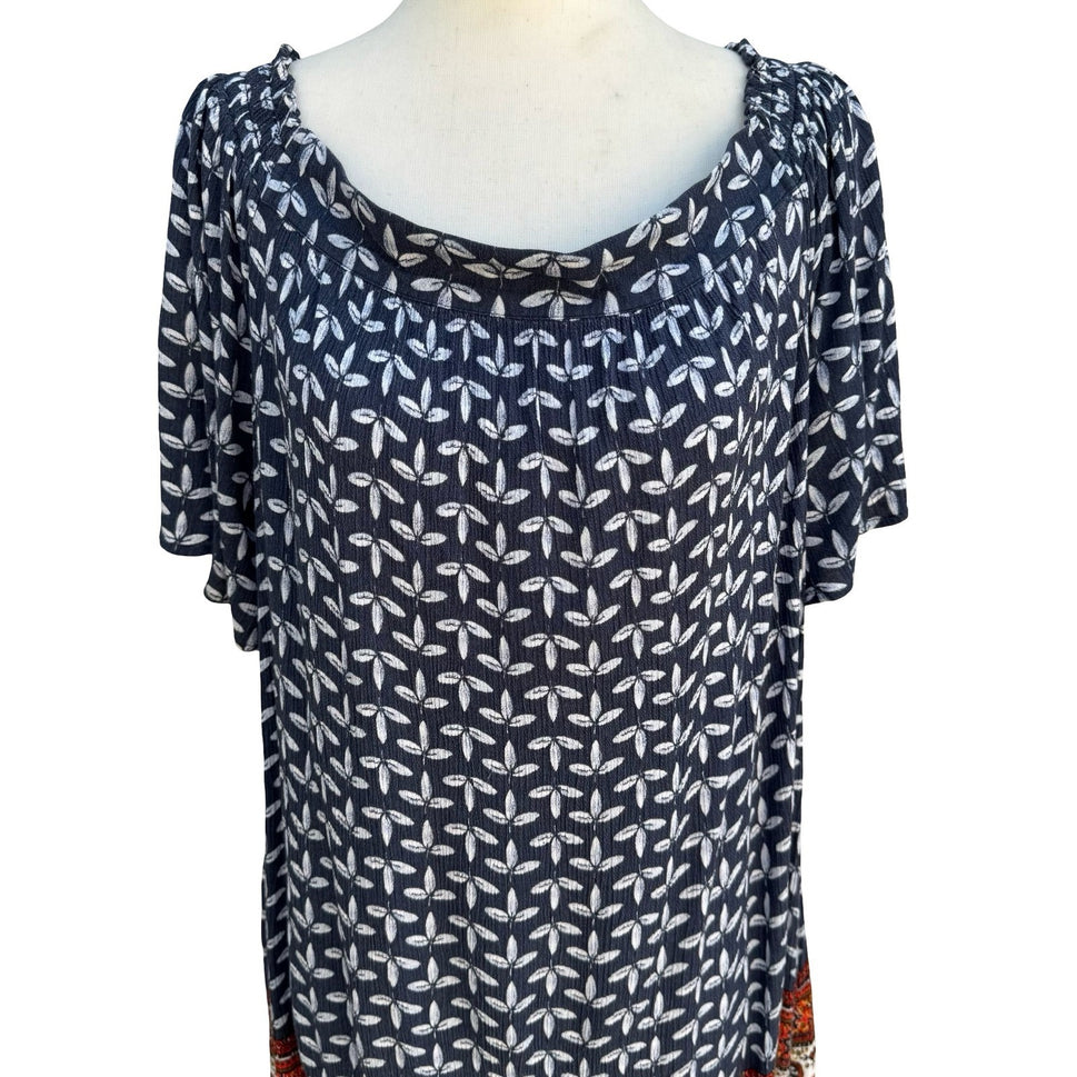 Caslon Navy Leaf Print Off Shoulder Boho Shift Tunic Dress Coastal Peasant Flowy