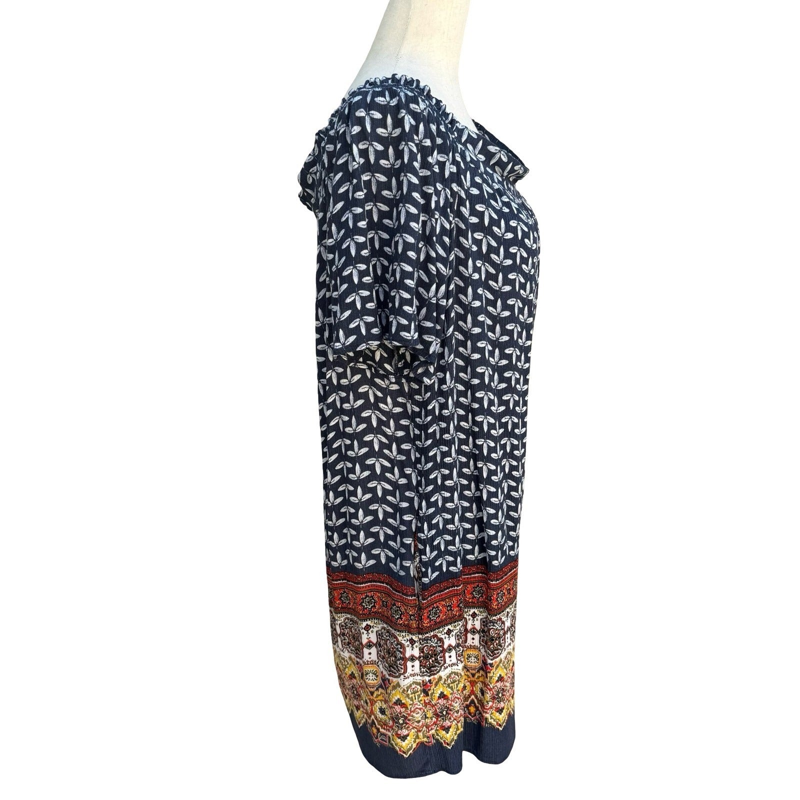 Caslon Navy Leaf Print Off Shoulder Boho Shift Tunic Dress Coastal Peasant Flowy