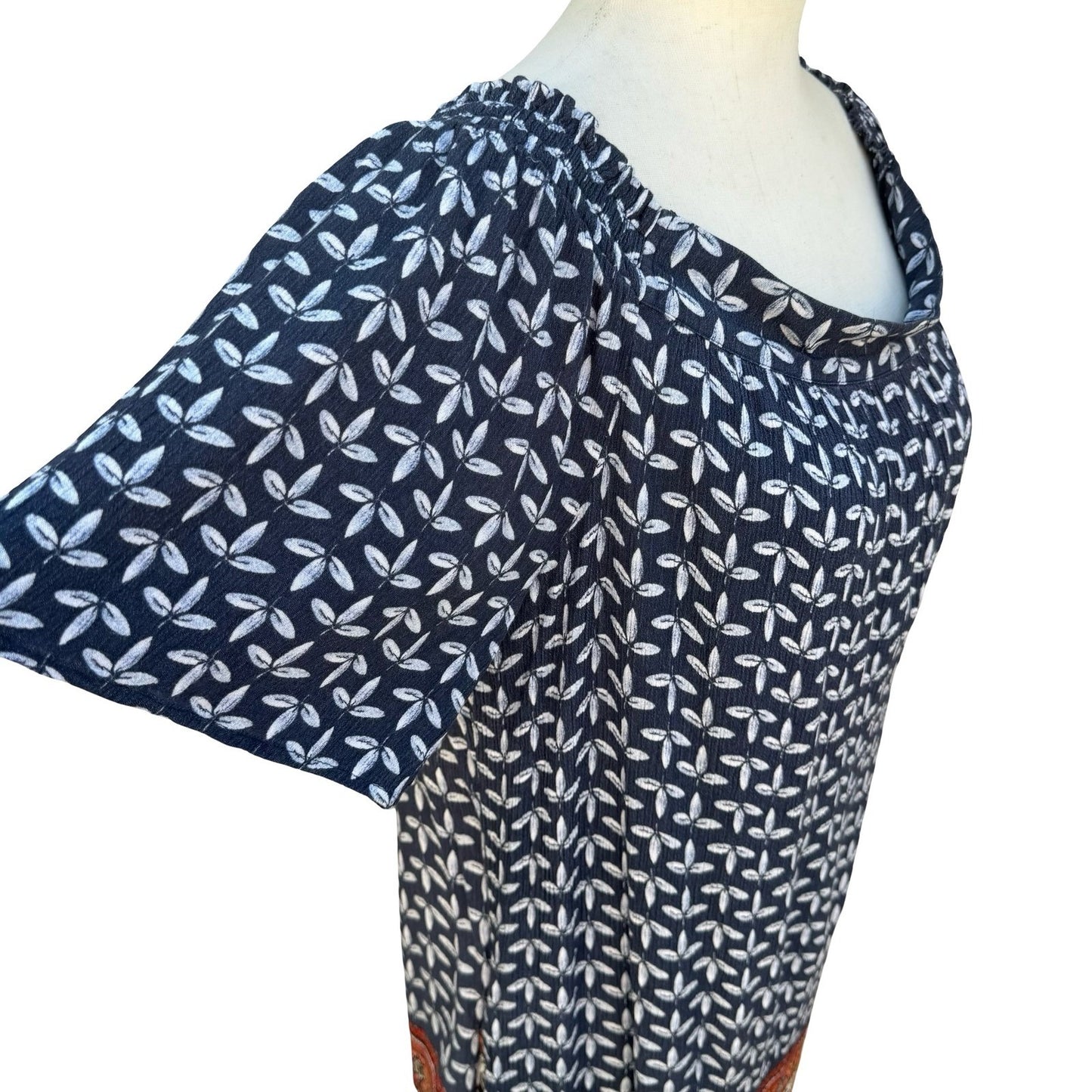Caslon Navy Leaf Print Off Shoulder Boho Shift Tunic Dress Coastal Peasant Flowy