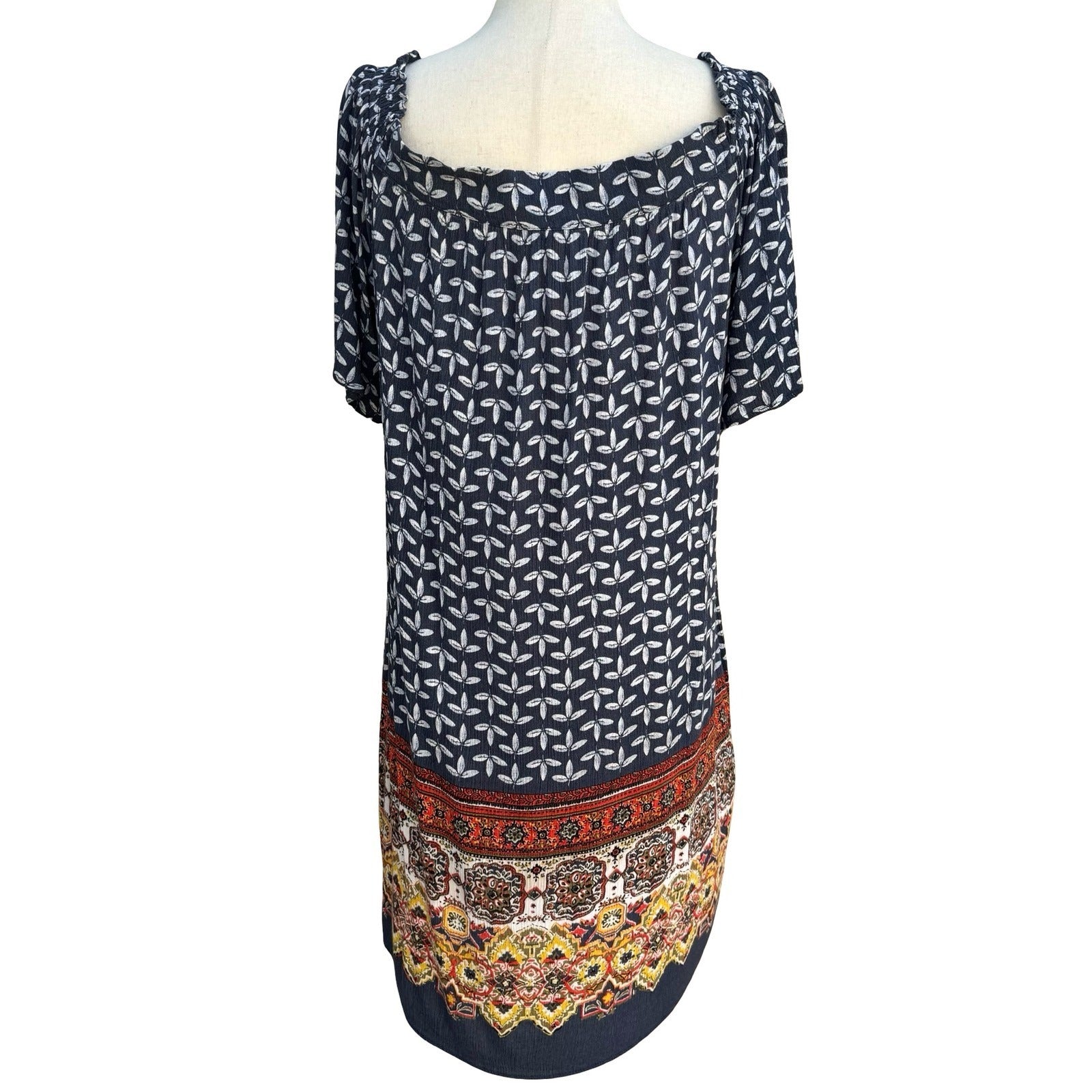 Caslon Navy Leaf Print Off Shoulder Boho Shift Tunic Dress Coastal Peasant Flowy