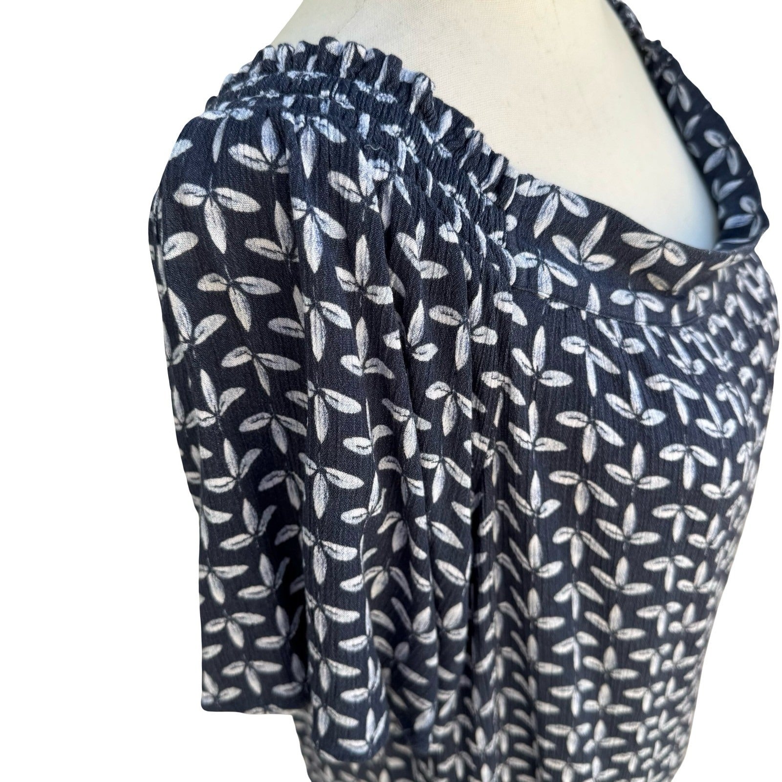 Caslon Navy Leaf Print Off Shoulder Boho Shift Tunic Dress Coastal Peasant Flowy