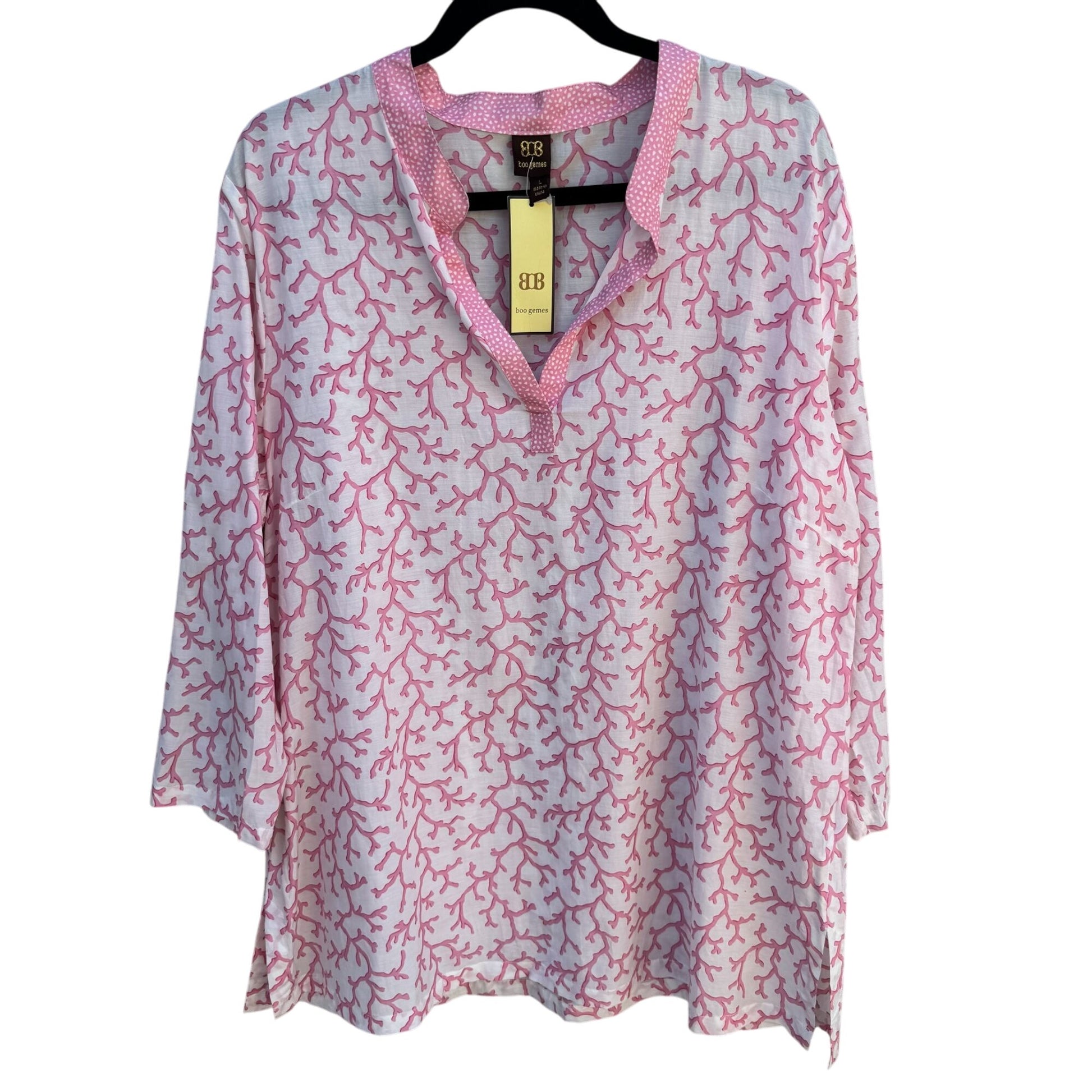 Boo Gemes Pink Coral Pattern Silk Cotton Blend Womens V-Neck Tunic Blouse New L
