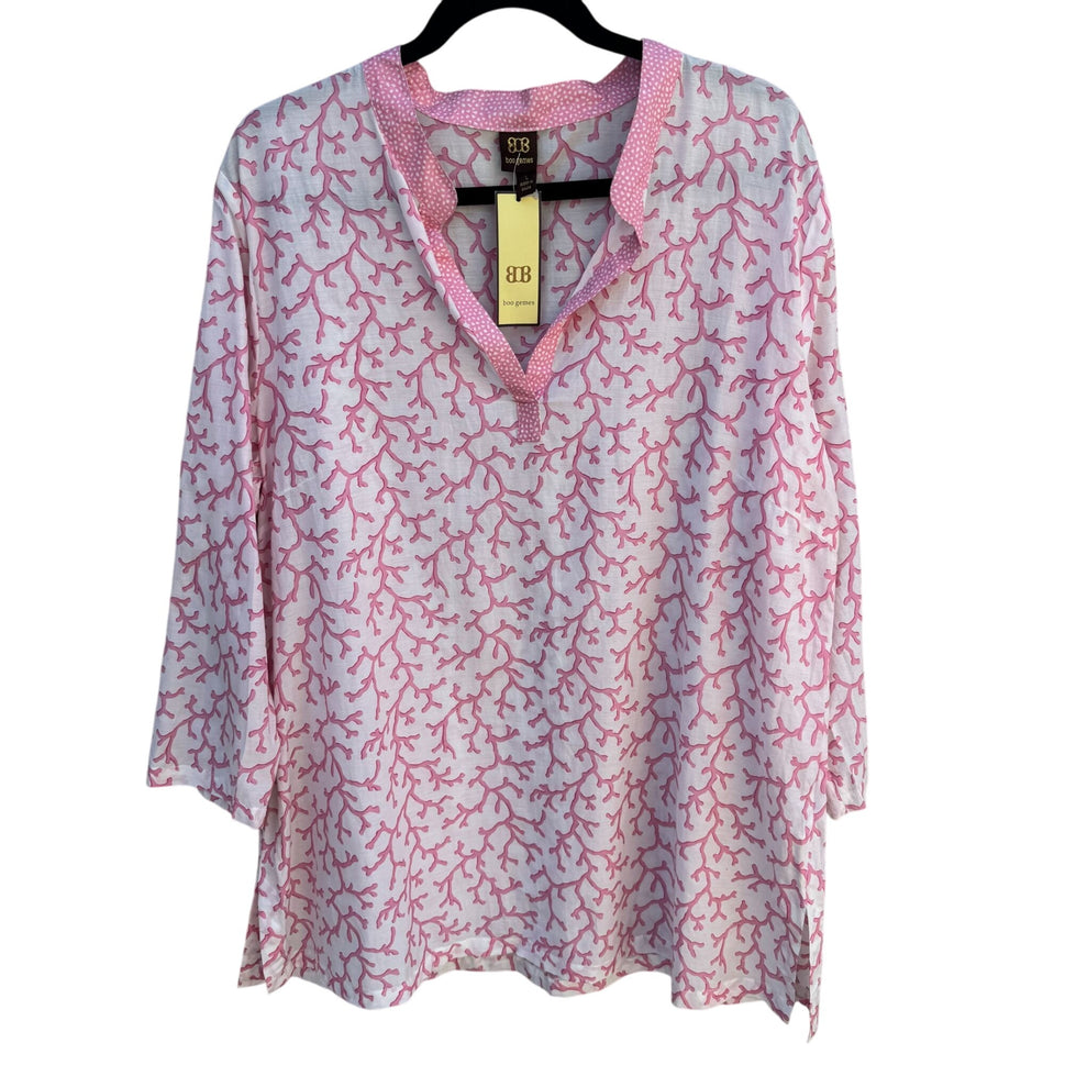 Boo Gemes Pink Coral Pattern Silk Cotton Blend Womens V-Neck Tunic Blouse New L