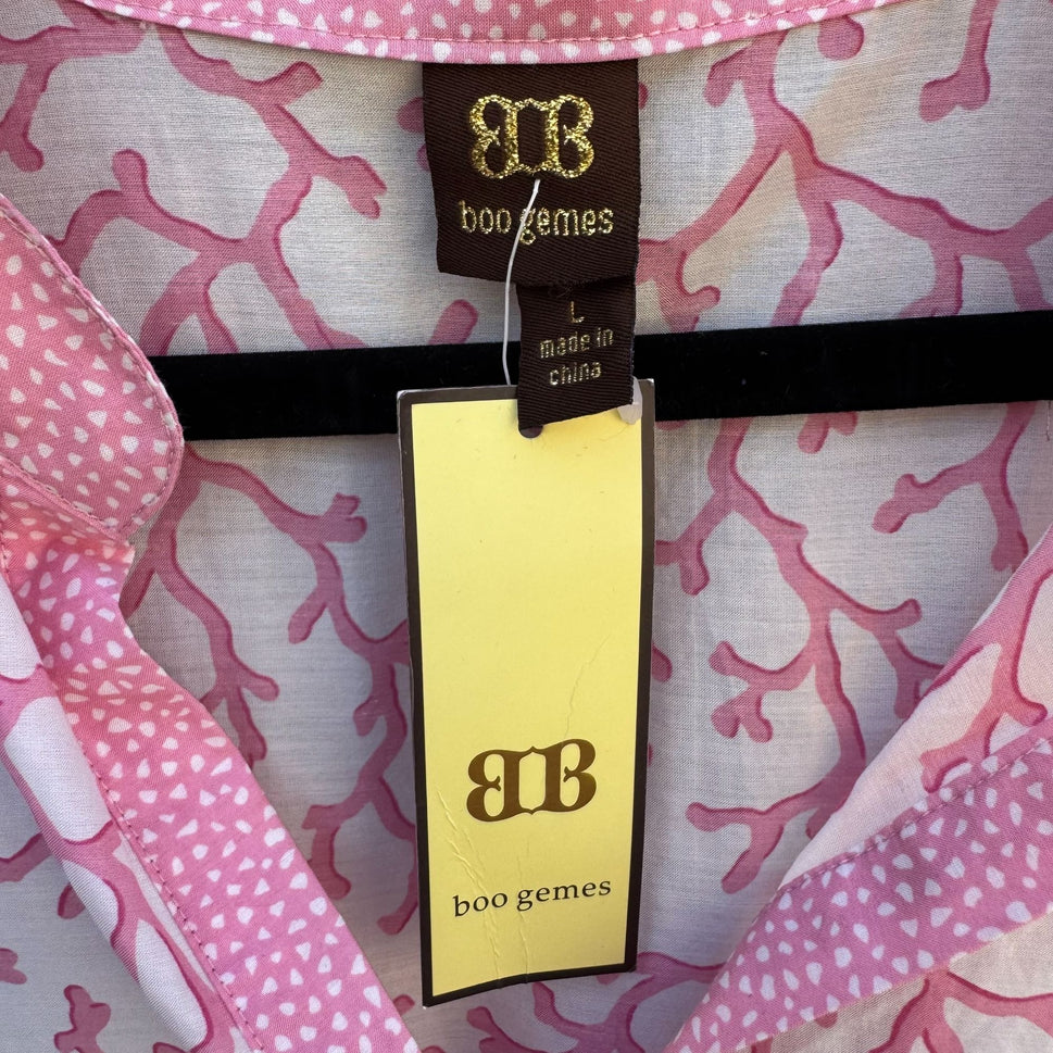 Boo Gemes Pink Coral Pattern Silk Cotton Blend Womens V-Neck Tunic Blouse New L