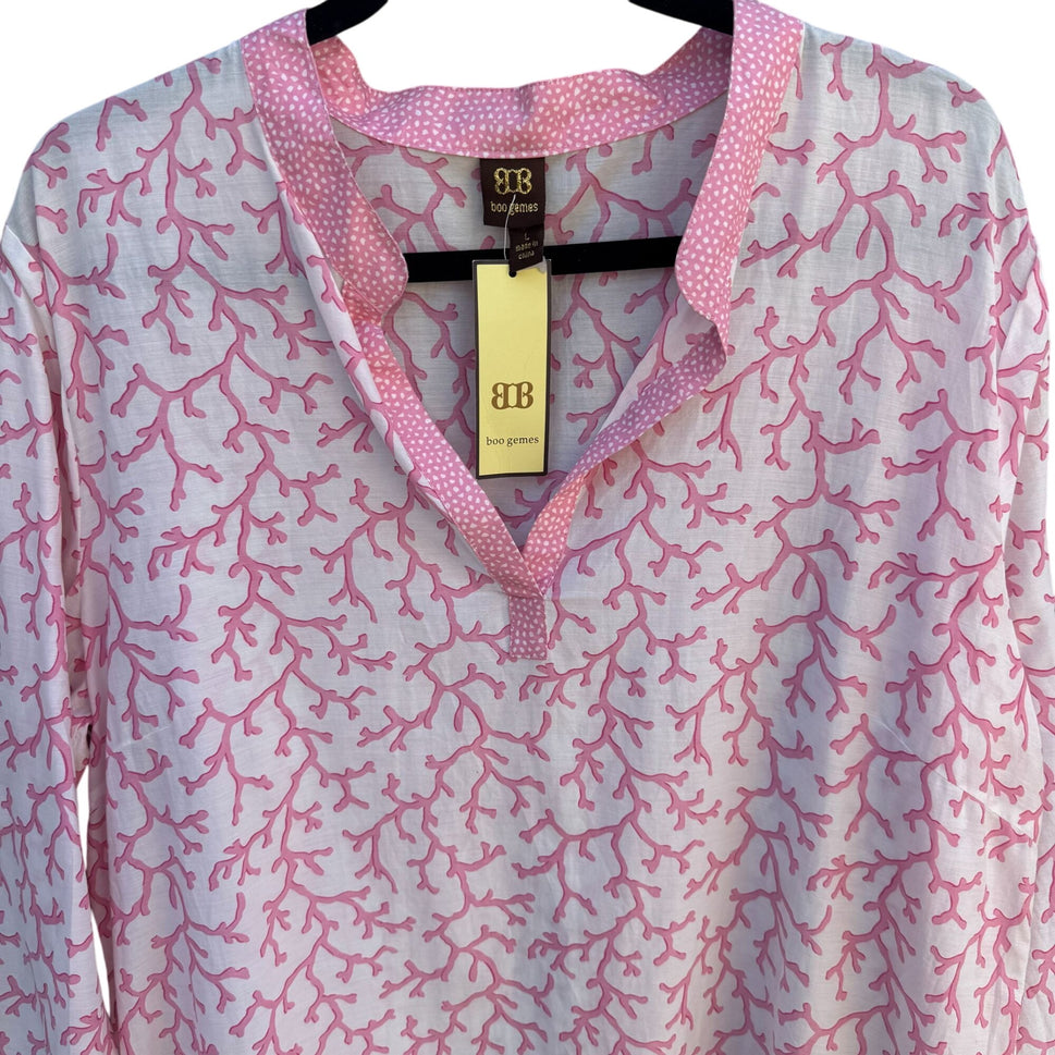 Boo Gemes Pink Coral Pattern Silk Cotton Blend Womens V-Neck Tunic Blouse New L