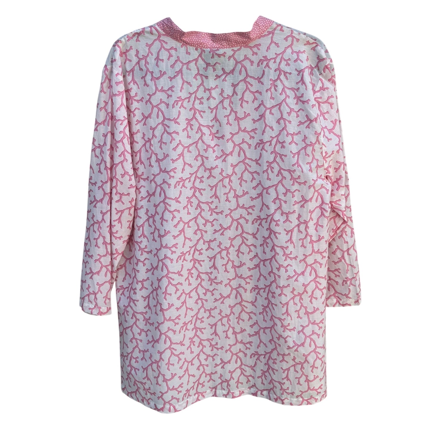 Boo Gemes Pink Coral Pattern Silk Cotton Blend Womens V-Neck Tunic Blouse New L