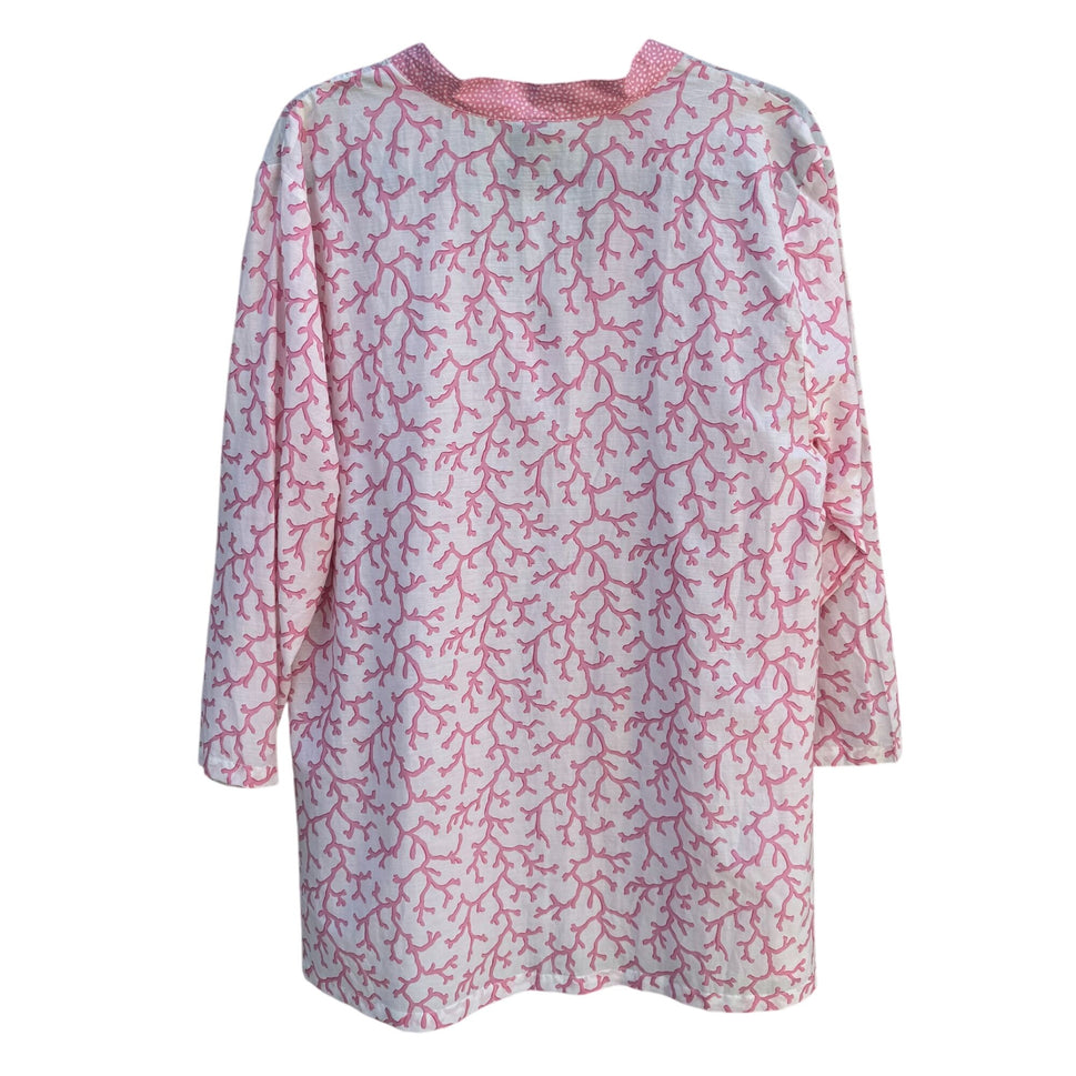 Boo Gemes Pink Coral Pattern Silk Cotton Blend Womens V-Neck Tunic Blouse New L