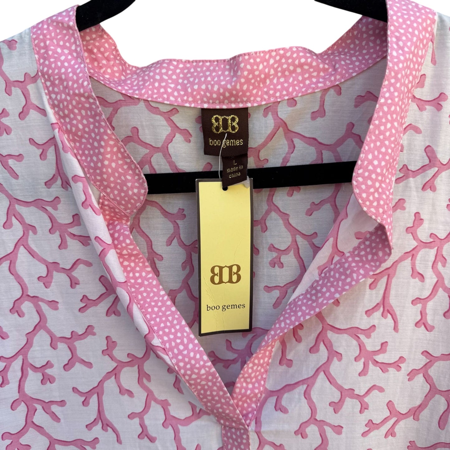 Boo Gemes Pink Coral Pattern Silk Cotton Blend Womens V-Neck Tunic Blouse New L