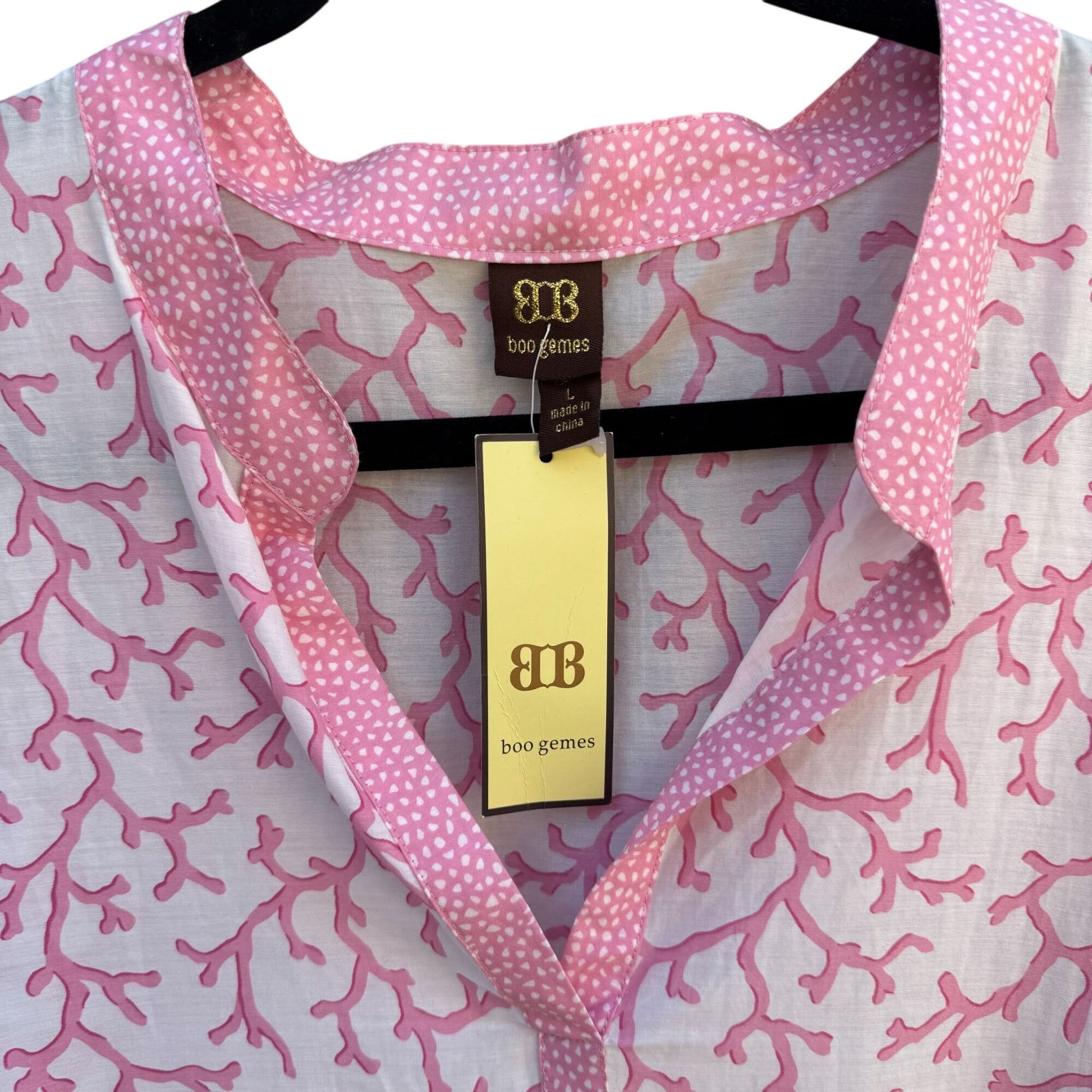 Boo Gemes Pink Coral Pattern Silk Cotton Blend Womens V-Neck Tunic Blouse New L