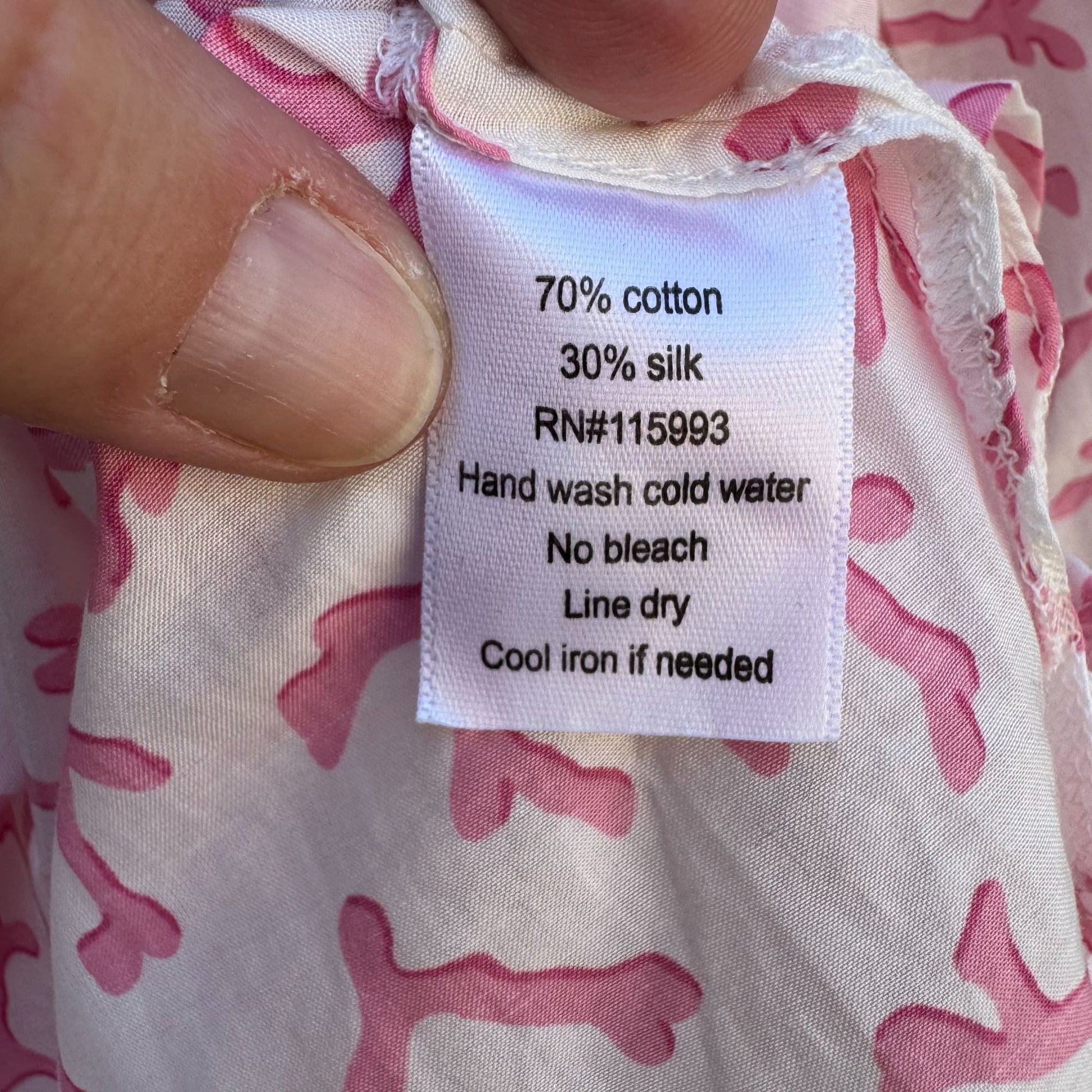 Boo Gemes Pink Coral Pattern Silk Cotton Blend Womens V-Neck Tunic Blouse New L